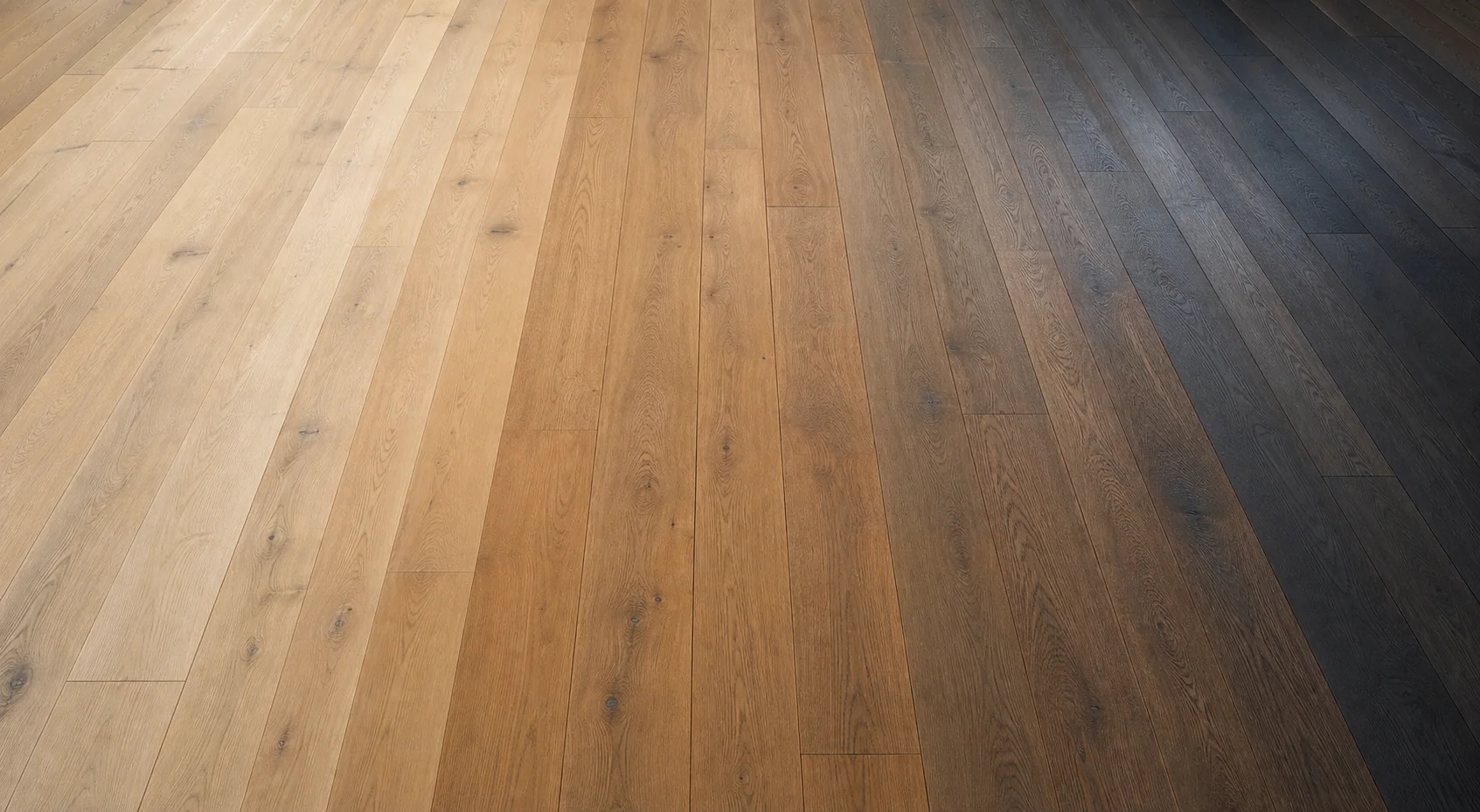 European white oak flooring shown across a spectrum of pale, natural, smoked, and charcoal finishes