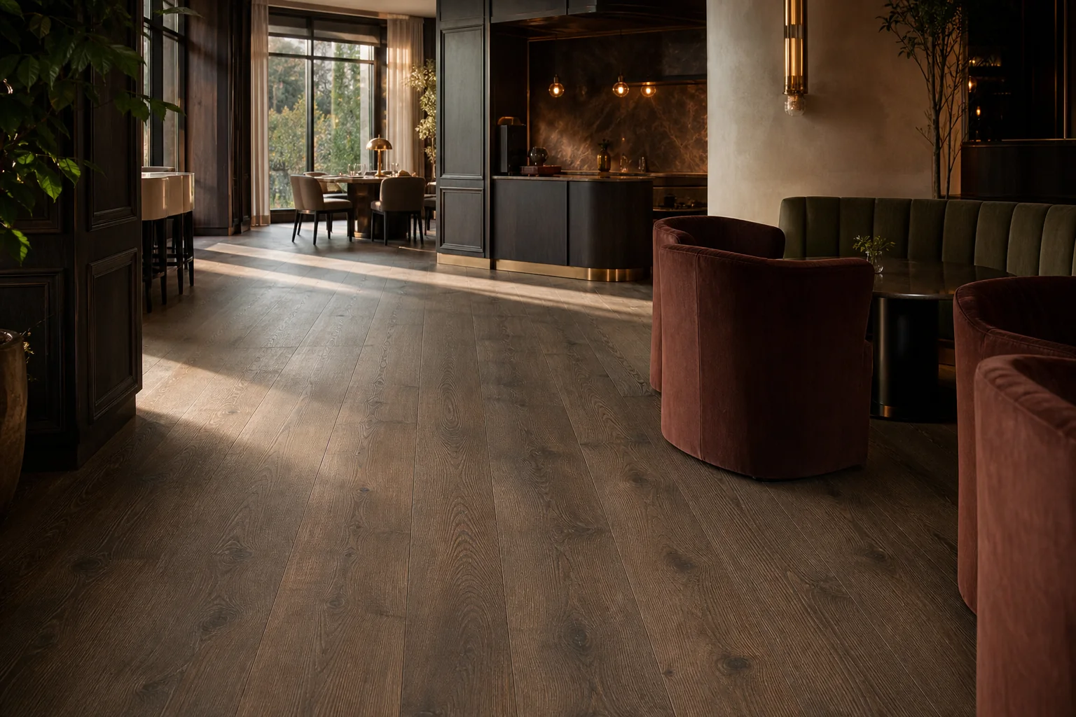 Smoked oak flooring in a refined hospitality lounge