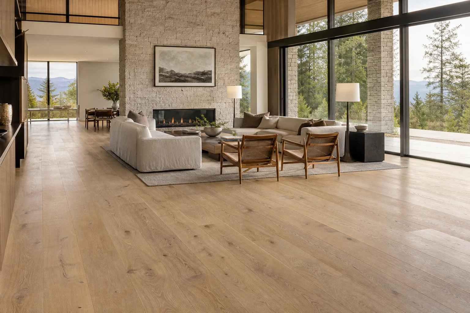 Natural oak flooring in a modern custom home great room